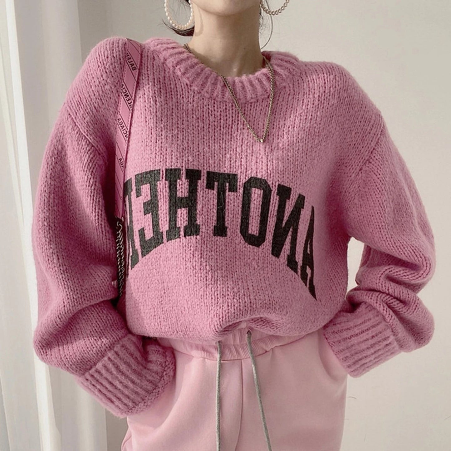 Women Crew Neck Pullover Letter Pattern Ladies Long Sleeve Pullover Knitted Sweater Loose Oversized Daily Outfit Women Clothes