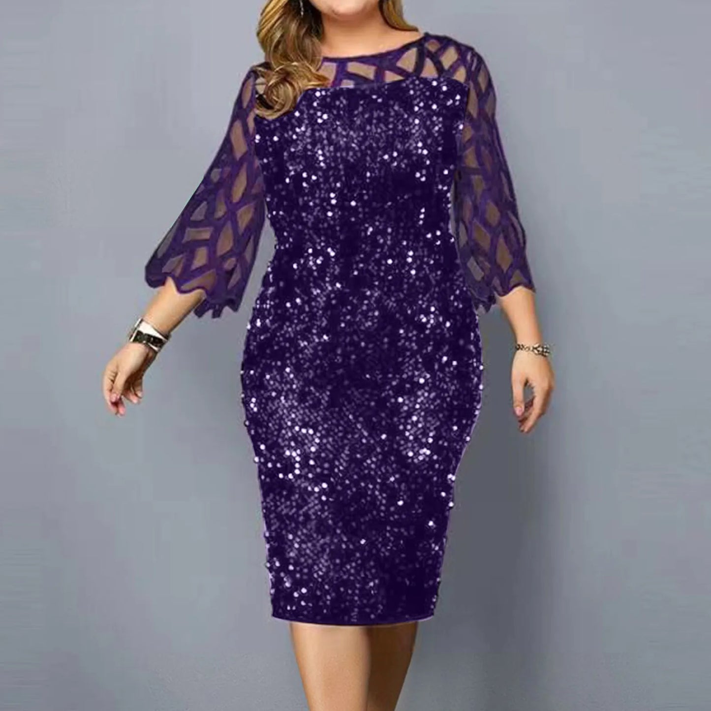 Mesh 3/4 Sleeve Sequined Cocktail Dress Slim Party Glitter Lace Dresses Temperament Casual Evening Dress Leisure Beach Vestidos