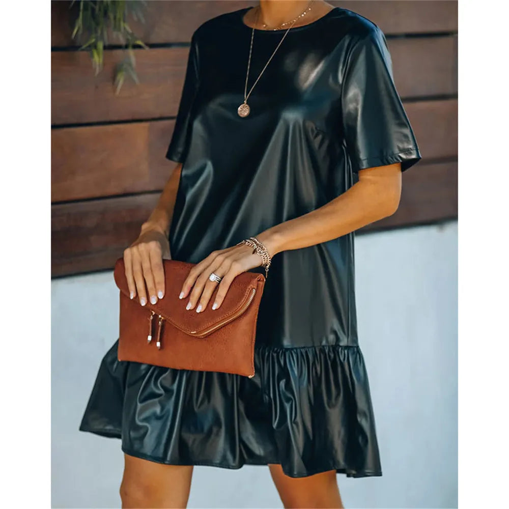 2022 Women's Black Faux PU Leather Dress Short Sleeve Loose Ruffle Elegant Mini Dresses Fashion Office Lady Clothing Vestidos