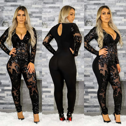 Hot Sexy Womens Jumpsuit Fashion Dark V-neck Lace Mesh Backless Sequin Long Sleeve Bodysuit Black Jumpsuit Party Club