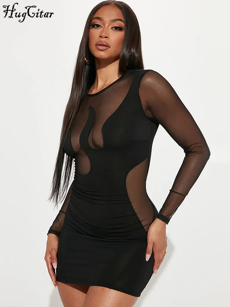 Hugcitar Black Long Sleeve Patchwork Mesh See Through Sexy Bodycon Mini Dress Fall Women Fashion Party Nightclub Y2K Outfit