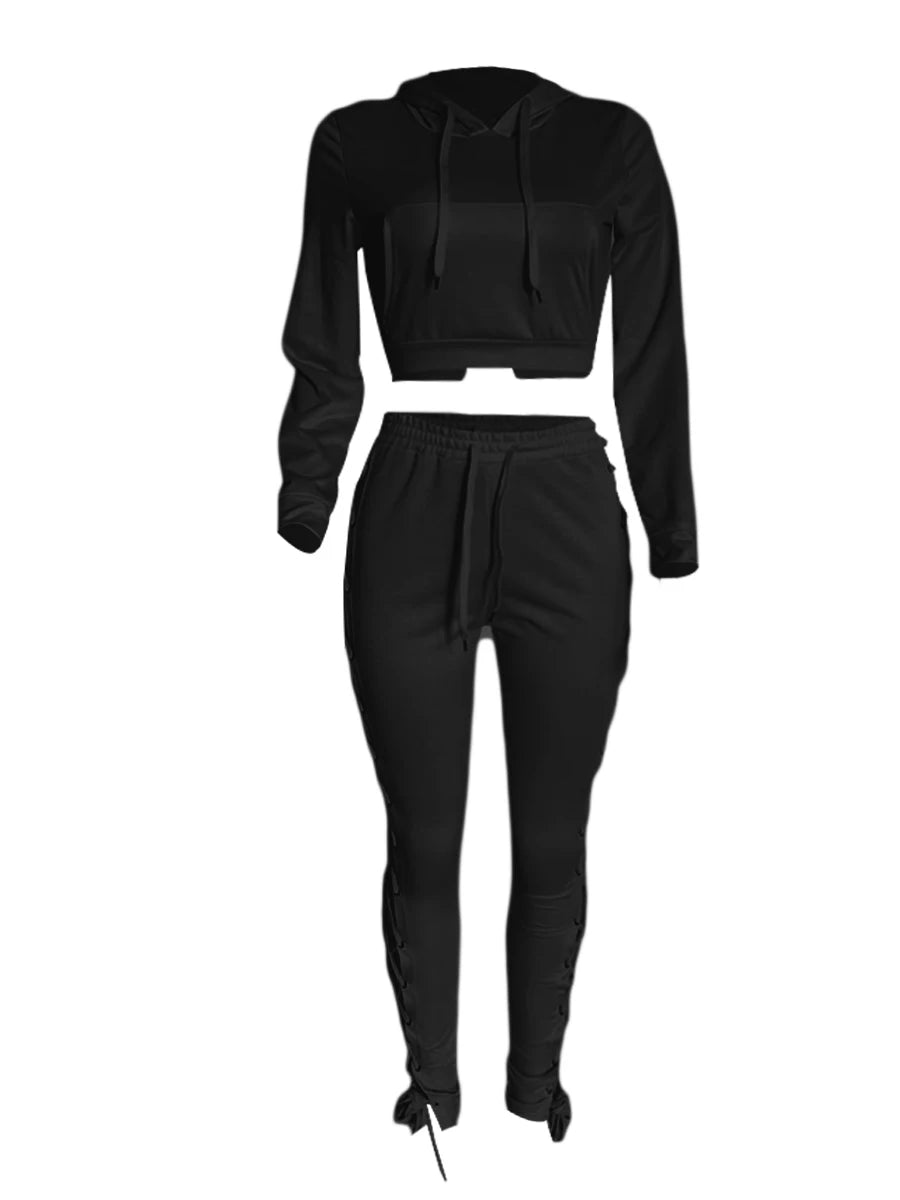 LW Sexy Bandage Design Crop Top Tracksuit Set Hooded Collar Solid 2023 Autumn Winter Women's Suit  Two Pieces Outfits