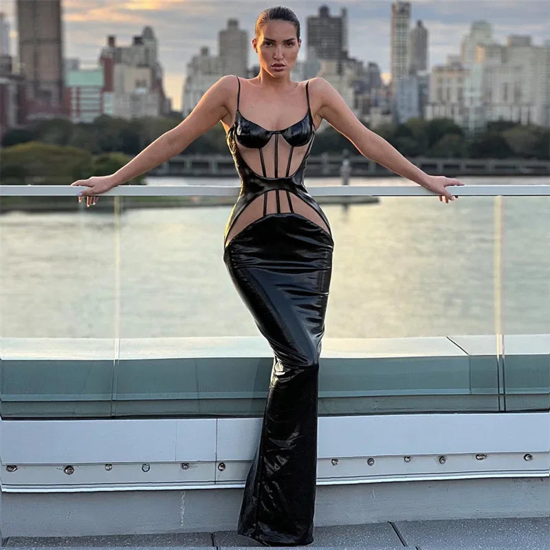 Women Sexy Party Club Mesh Pu Leather Bodycon Sheer Black Long Dress 2024 Summer Clothes Wholesale Items For Business