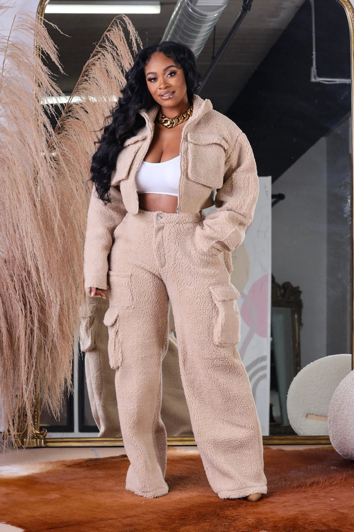 Woolen Fluffy Fleece Pockets Two Piece Set Women Fall Winter Zipper Jackets Top + Cargo Pants Outfits Casual Outwear Workout