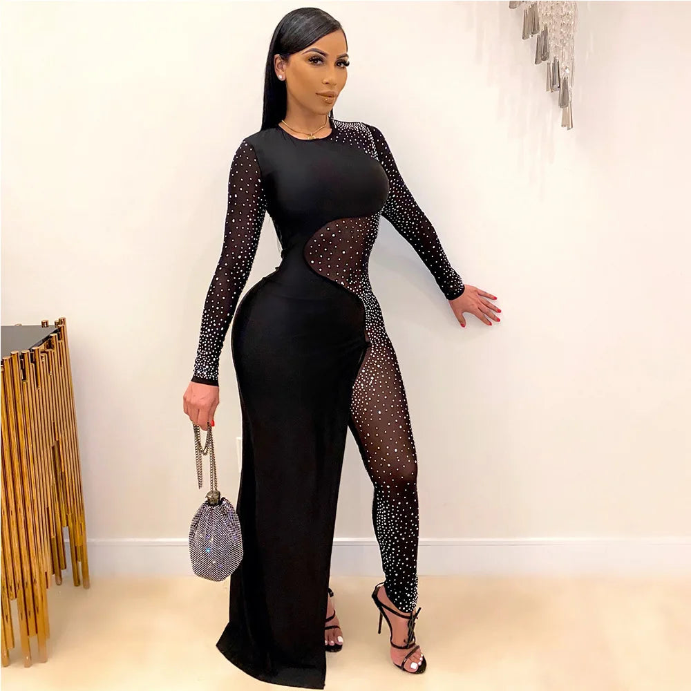 Clothing Winter Hot Rhinestones Mesh See Though Dress Style Jumpsuit for Women Sexy Club Partywear One Piece Overall Rompers