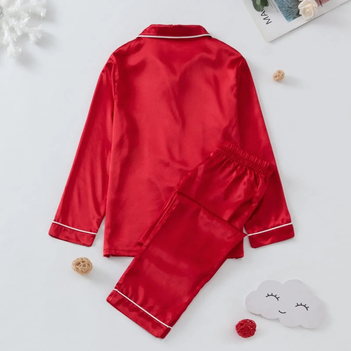 Christmas Pajamas Family Adults Kids Xmas Family Matching Outfits Look Solid Color Imitation Satin Silk Tops Pants Sleepwear