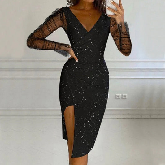 Sexy See Through Mesh Sheer Bodycon Dress Long Sleeve V Neck Party Dresses For Weddings As A Guest Formal сарафан женский летний