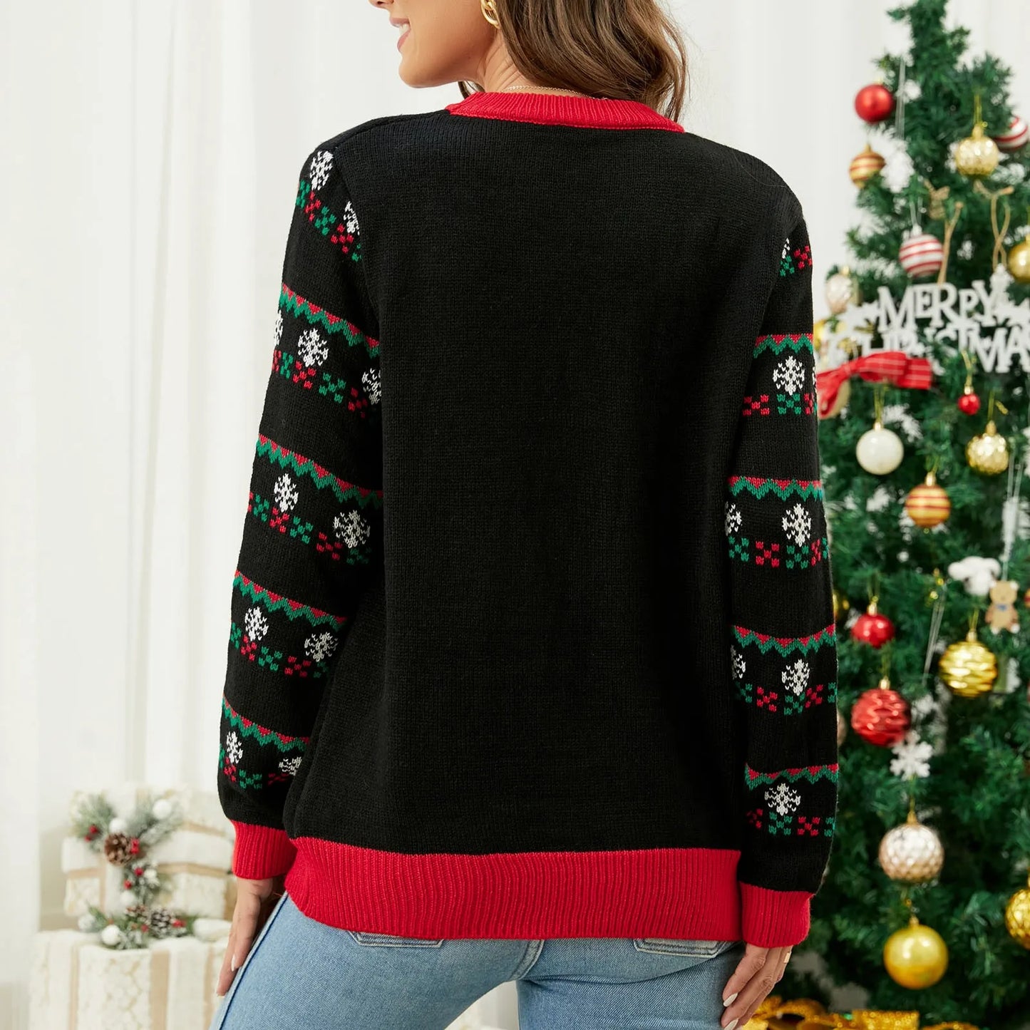 Autumn Winter Christmas Sweaters With LED Light Vintage Elegant Tops Sweater Ladies Round Neck Christmas Printed Knitwears