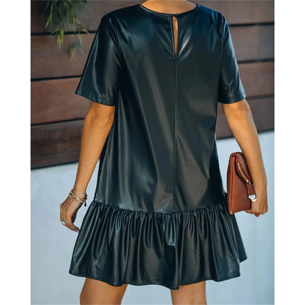 2022 Women's Black Faux PU Leather Dress Short Sleeve Loose Ruffle Elegant Mini Dresses Fashion Office Lady Clothing Vestidos