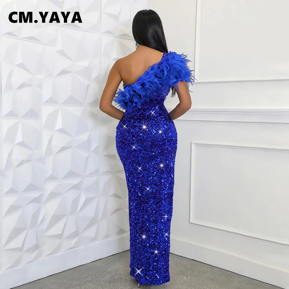 CM.YAYA Women Sequined Feather One Shoulder High Side Split Bodycon Midi Maxi Dress Sexy Club Even Party Long Dresses Vestidos