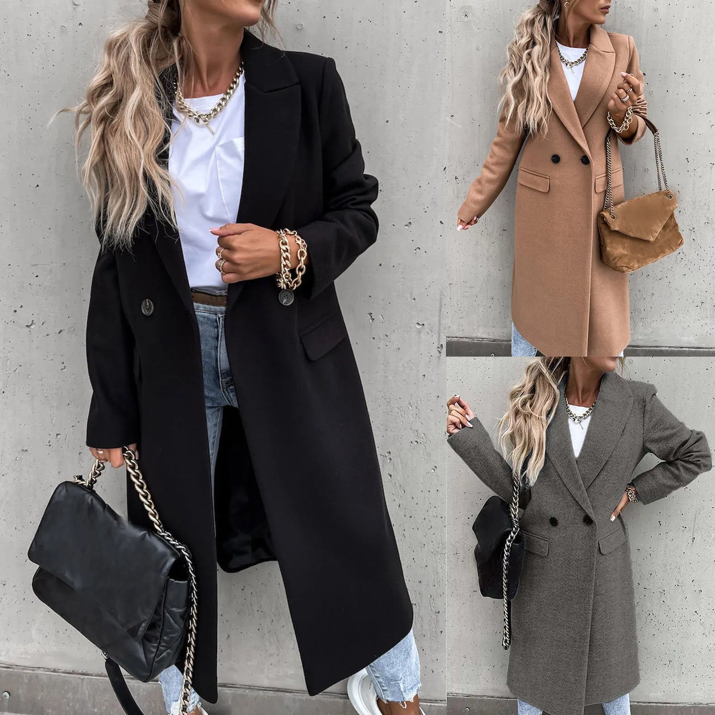 Autumn Winter Europe And America Overcoat Women'S New Solid Woolen Coat Turndown Collar Double Breasted Jacket куртка женская