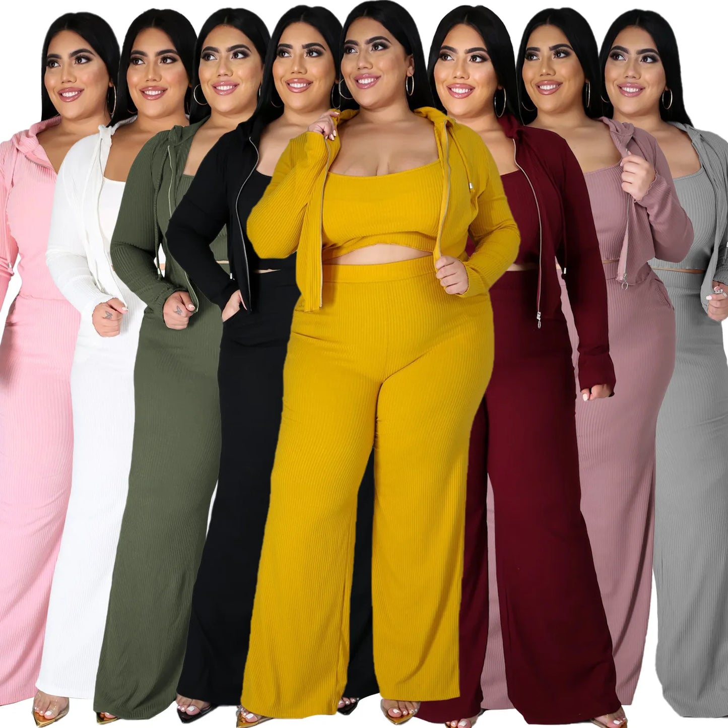 Fashion Sports Casual 3Pcs Suit for Womens Clothing Sexy Hoodie Vest Wide-leg Pants Three-piece Sets Cotton Plus Size Clothing