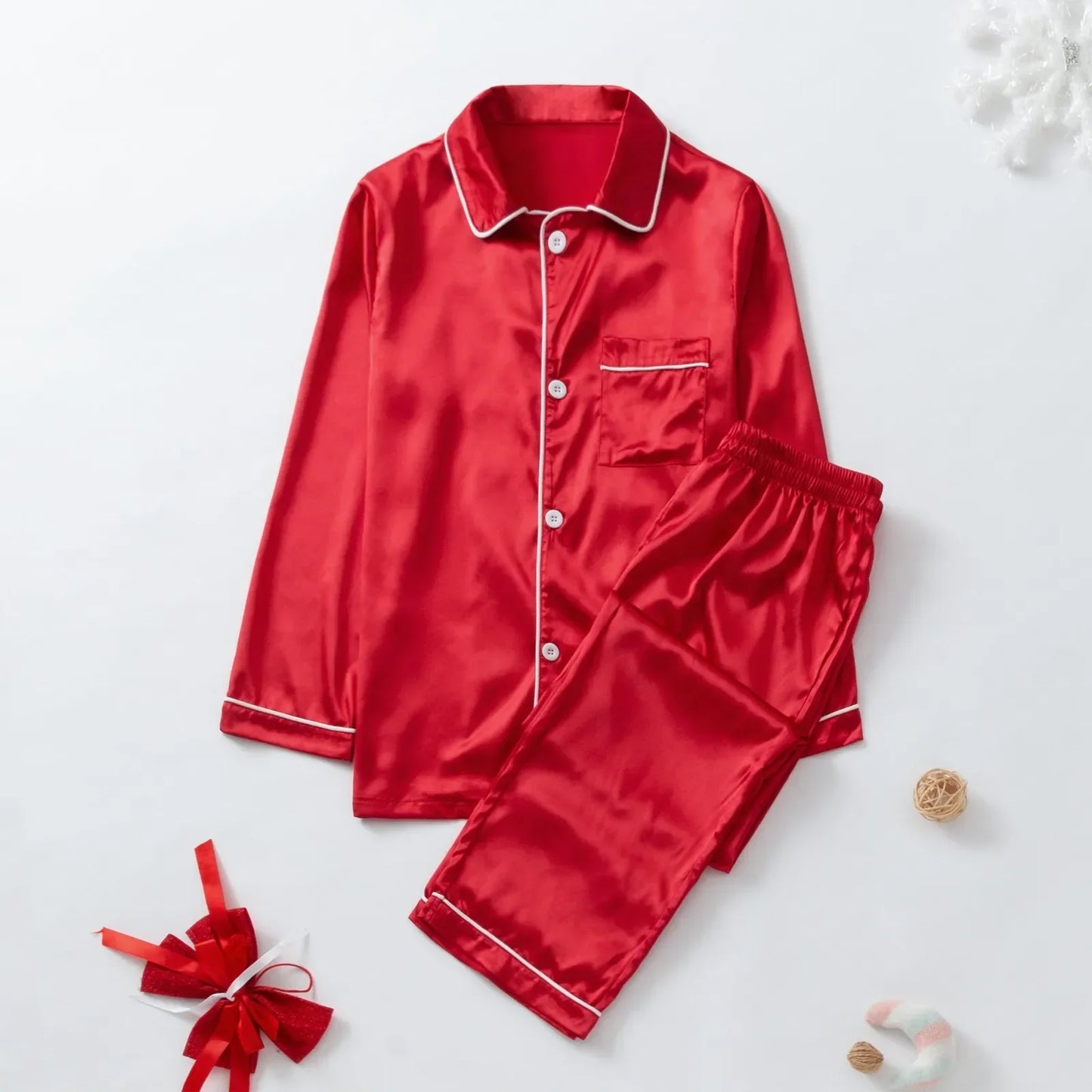 Christmas Pajamas Family Adults Kids Xmas Family Matching Outfits Look Solid Color Imitation Satin Silk Tops Pants Sleepwear