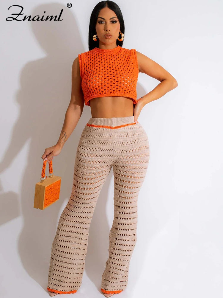 Znaiml Summer Crochet Hollow Out Beach Wear Crop Top and Wide Leg Pants Co Ord Set for Woman Two Piece Sets Sexy Club Outfits