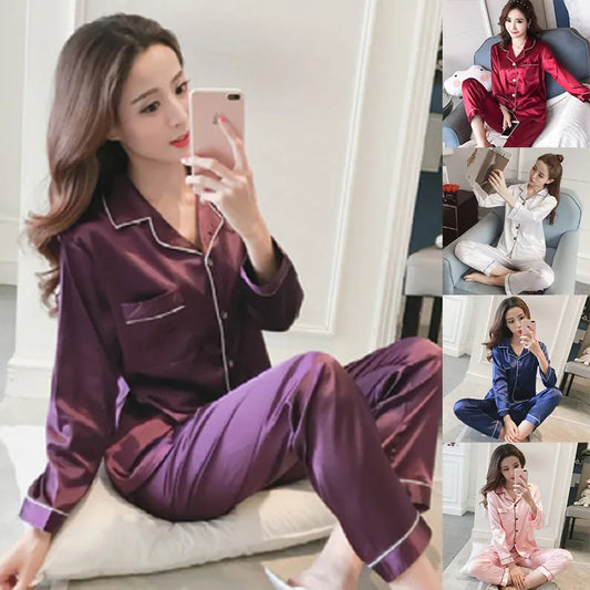 Satin Pyjamas Ladies Womens PJs Silk Long Sleeve Soft Nightwear Sleepwear Set Pants Sleepwear Top Women Long Sleeve Soft Button