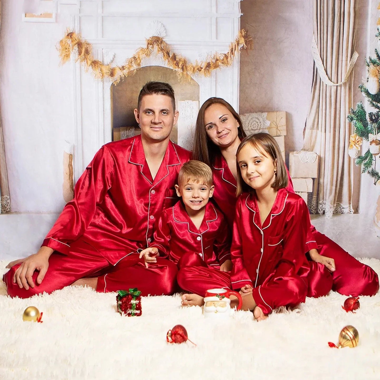 Christmas Pajamas Family Adults Kids Xmas Family Matching Outfits Look Solid Color Imitation Satin Silk Tops Pants Sleepwear