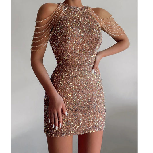 Off Shoulder Gold Sequin Dress Short Party Bodycon Dress Women Sexy Evening Dress