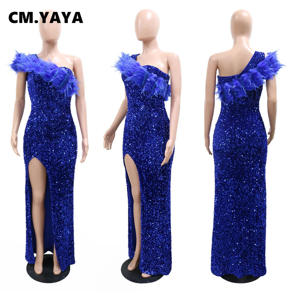 CM.YAYA Women Sequined Feather One Shoulder High Side Split Bodycon Midi Maxi Dress Sexy Club Even Party Long Dresses Vestidos