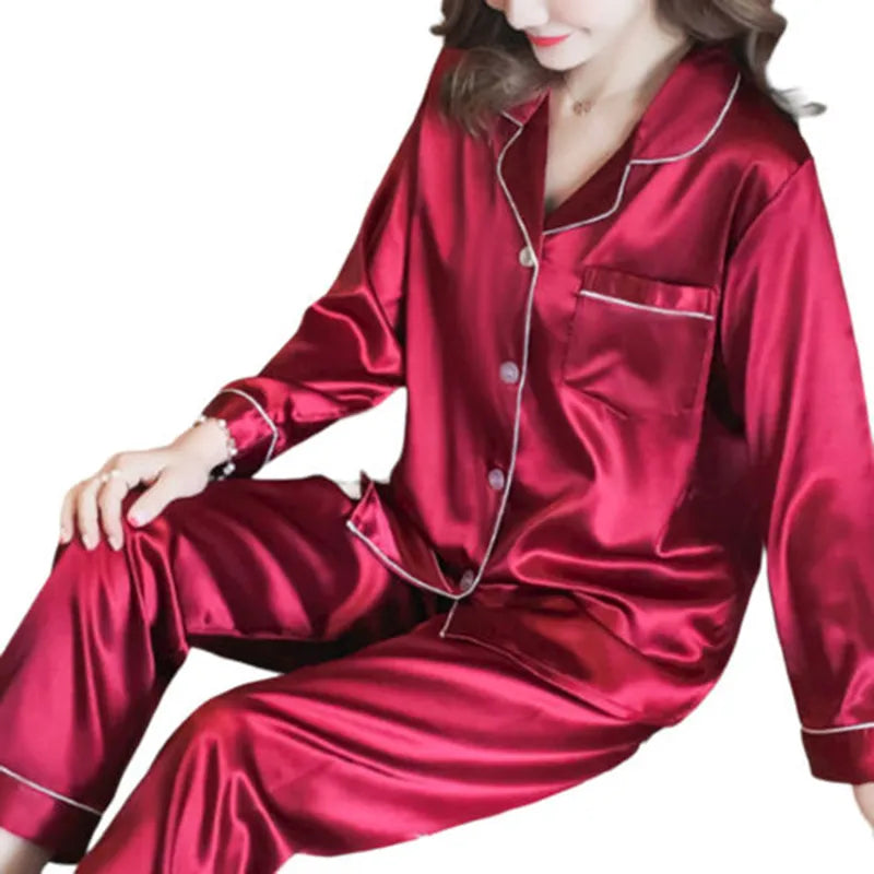 Satin Pyjamas Ladies Womens PJs Silk Long Sleeve Soft Nightwear Sleepwear Set Pants Sleepwear Top Women Long Sleeve Soft Button