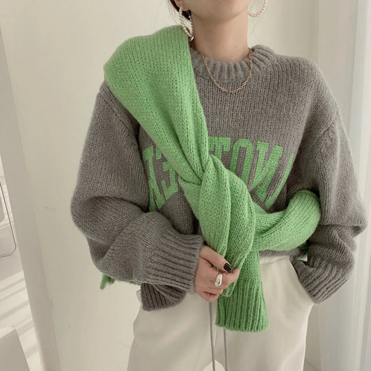 Women Crew Neck Pullover Letter Pattern Ladies Long Sleeve Pullover Knitted Sweater Loose Oversized Daily Outfit Women Clothes