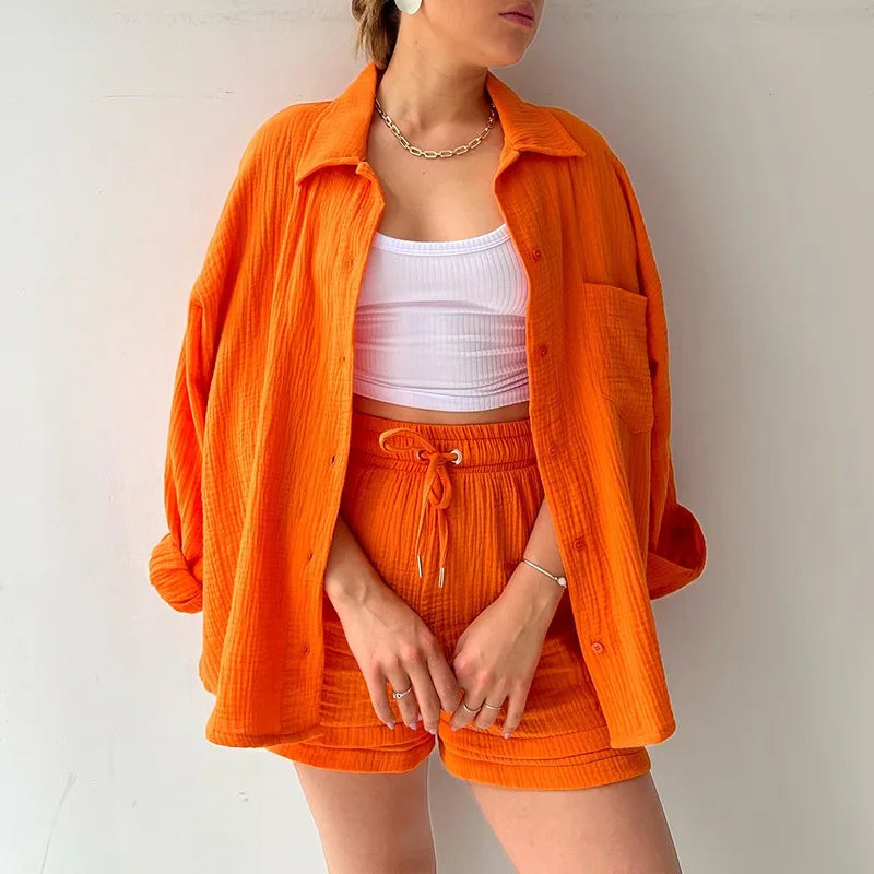 Women's Two Piece Spring/Summer Green Wrinkle Collar Long Sleeve Shirt High Waist Drawstring Shorts Fashion Casual 2 Piece Set