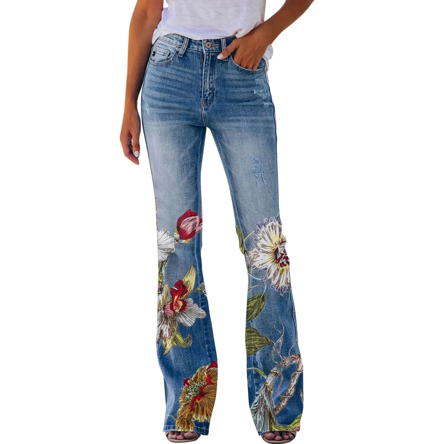 New Floral Printed Loose Flared Pants for Women Jeans Stretch Harajuku Bell Bottom Long Trousers Female Straight Leg Denim Pants