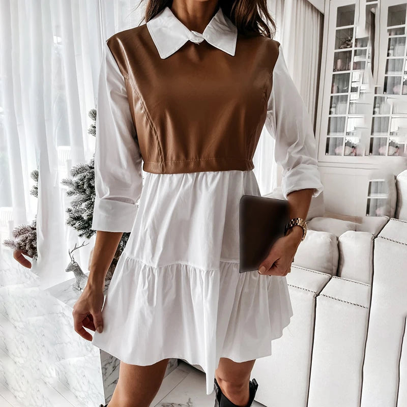 Casual Long Sleeve White Shirt Dress For Women 2023 Autumn PU Leather Patchwork Plaid Sweet Office Ladies Mini Dresses Vestidos