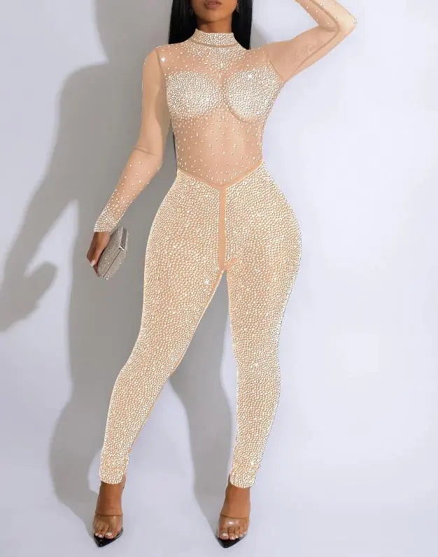 Sexy Women's Jumpsuit 2023 Nightclub Women's Clothing Solid Color Mesh Hot Drill Long-Sleeved See-Through Trousers Jumpsuit