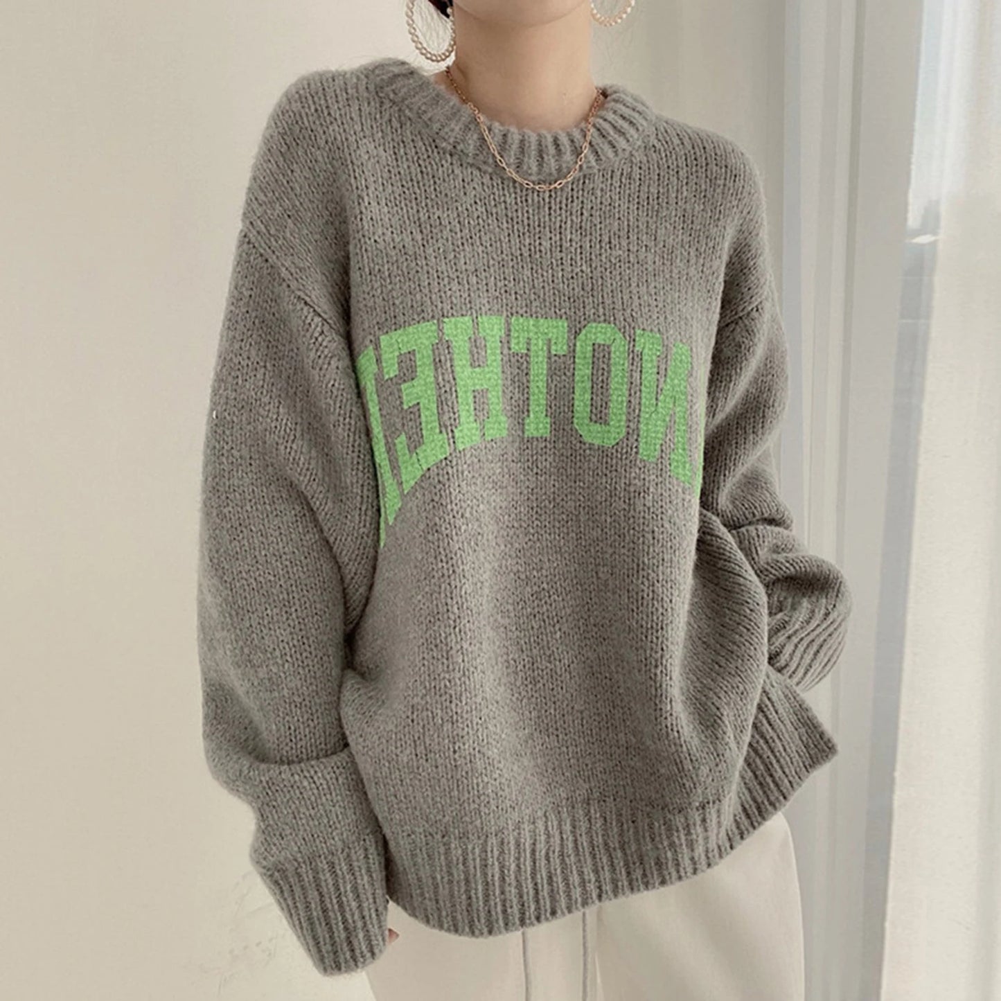 Women Crew Neck Pullover Letter Pattern Ladies Long Sleeve Pullover Knitted Sweater Loose Oversized Daily Outfit Women Clothes