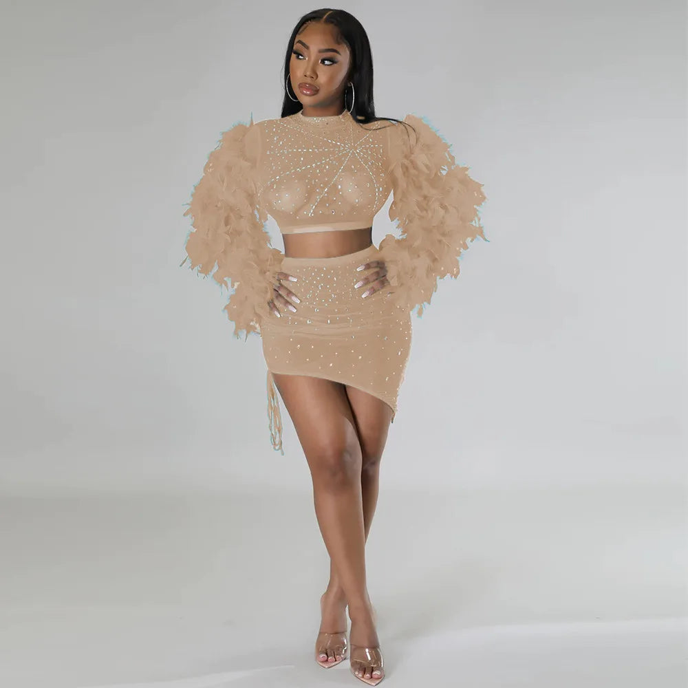 Luxurious Diamonds Feathers 2 Piece Set Women Sexy Sheer Mesh Crop Top + Mini Skirts See Through Club Party Outfits Clothes Sets