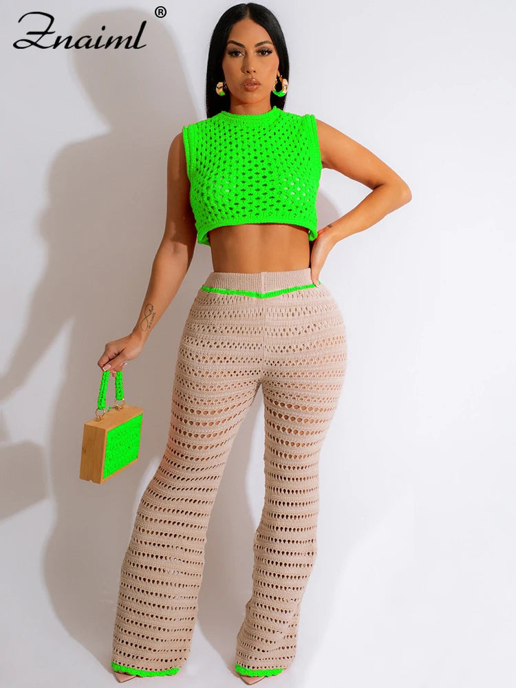 Znaiml Summer Crochet Hollow Out Beach Wear Crop Top and Wide Leg Pants Co Ord Set for Woman Two Piece Sets Sexy Club Outfits