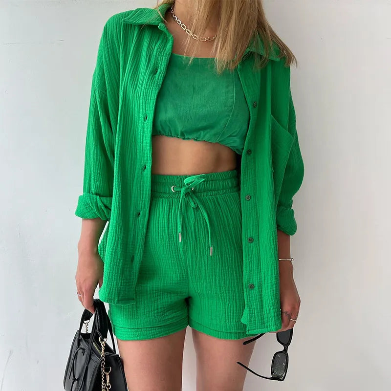 Women's Two Piece Spring/Summer Green Wrinkle Collar Long Sleeve Shirt High Waist Drawstring Shorts Fashion Casual 2 Piece Set