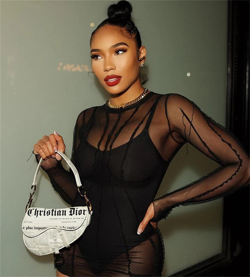 2023 Spring 2 Pcs Dress Women Spaghetti Straps Bodysuit Lining Long Sleeve Sheer Mesh Bodycon Mini Club Party Dresses