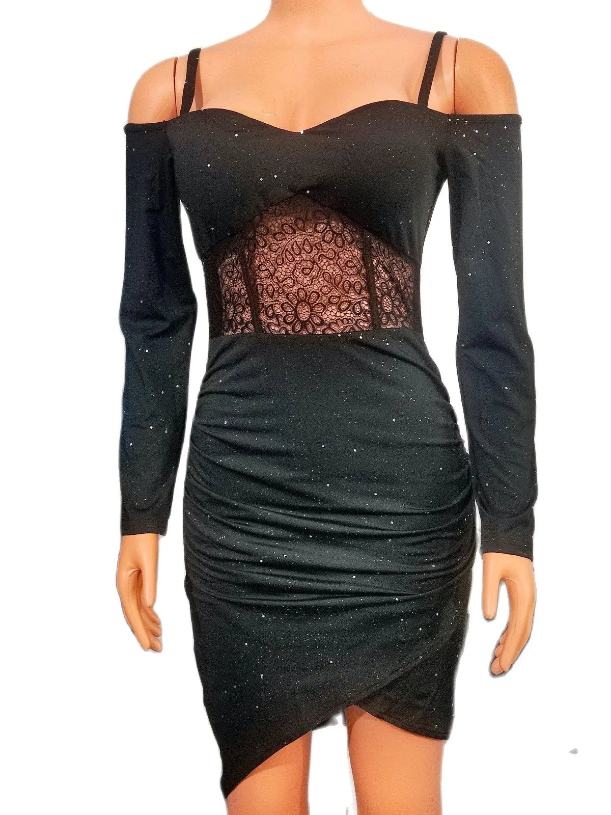 Contrast Lace Cold Shoulder Ruched Glitter Corset Dress Sexy Long Sleeve Dresses Elegant Chic Female Skinny Women's Dress Sexy