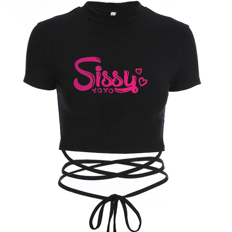 SISSY Sexy TShirt Women Black Short Crop Bandage Tee Tops Summer Fashion Girls Casual Short Sleeve Female Shirt Harajuku