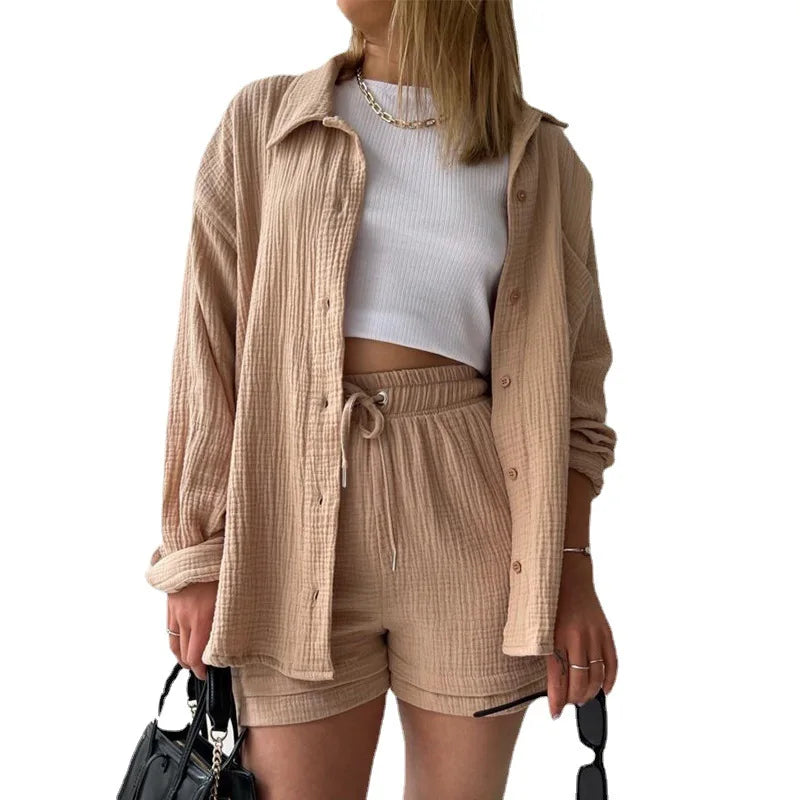 Women's Two Piece Spring/Summer Green Wrinkle Collar Long Sleeve Shirt High Waist Drawstring Shorts Fashion Casual 2 Piece Set