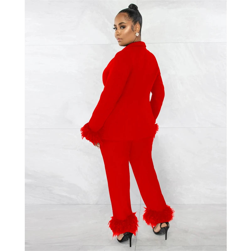 Adogirl Feathers Solid Two Piece Set Women Single Button Long Sleeve Blazer Top Wide Leg Pants Elegant Office Lady Work Suit