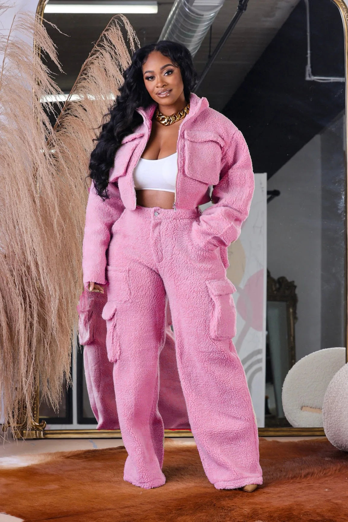 Woolen Fluffy Fleece Pockets Two Piece Set Women Fall Winter Zipper Jackets Top + Cargo Pants Outfits Casual Outwear Workout