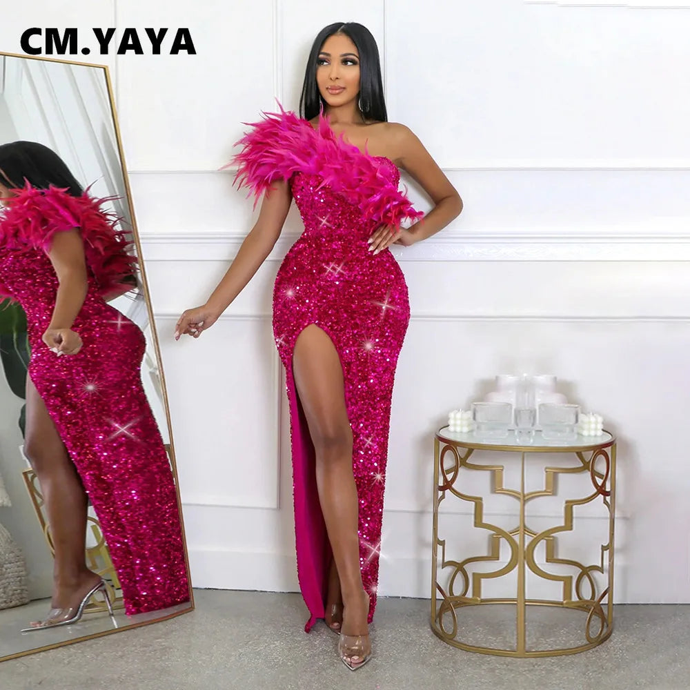 CM.YAYA Women Sequined Feather One Shoulder High Side Split Bodycon Midi Maxi Dress Sexy Club Even Party Long Dresses Vestidos