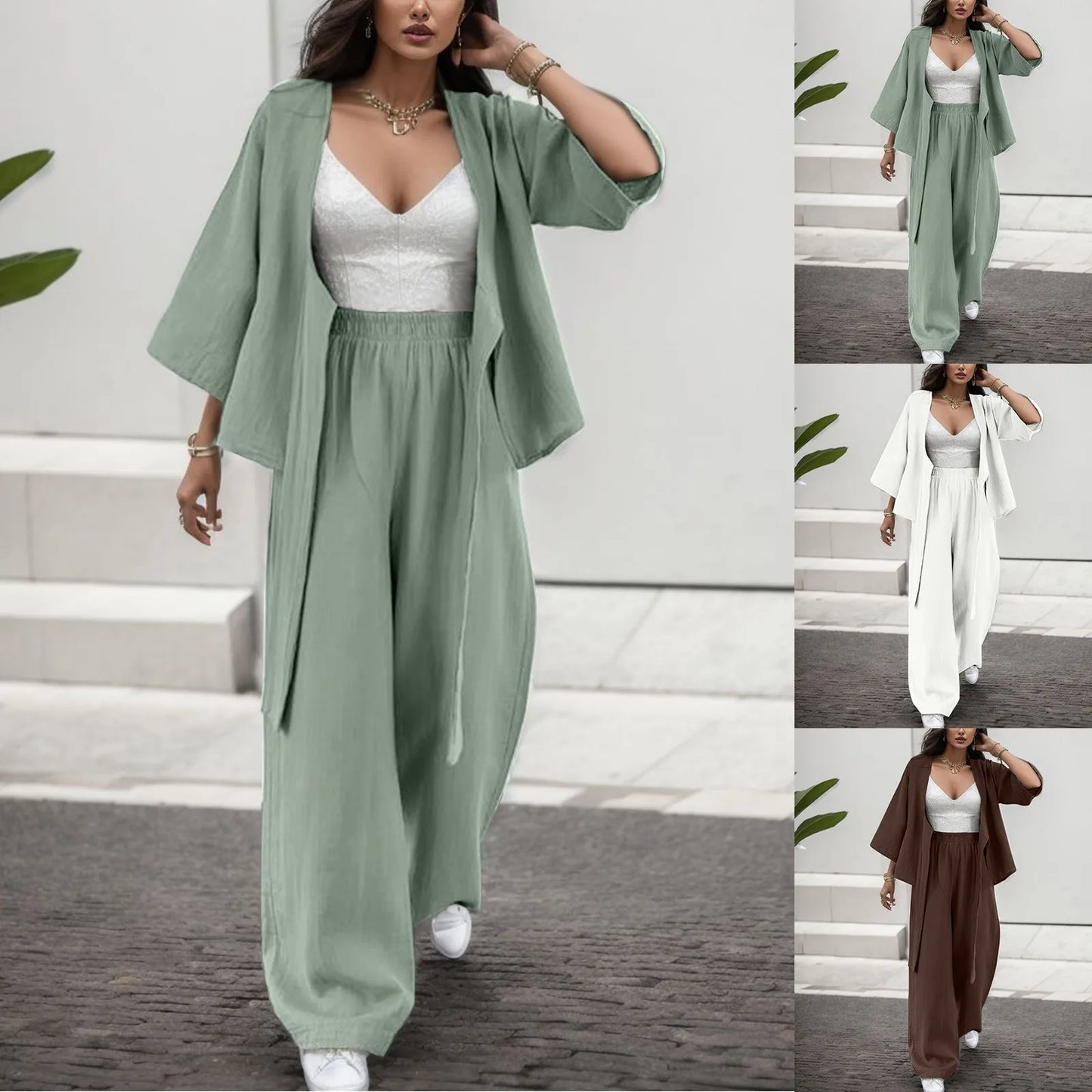 2023 New Casual Two-Piece Set Women Clothes Cardigan Top Loose Wide Leg Pants Suit Fashion 2 Piece Sets Coat And Trousers Outfit