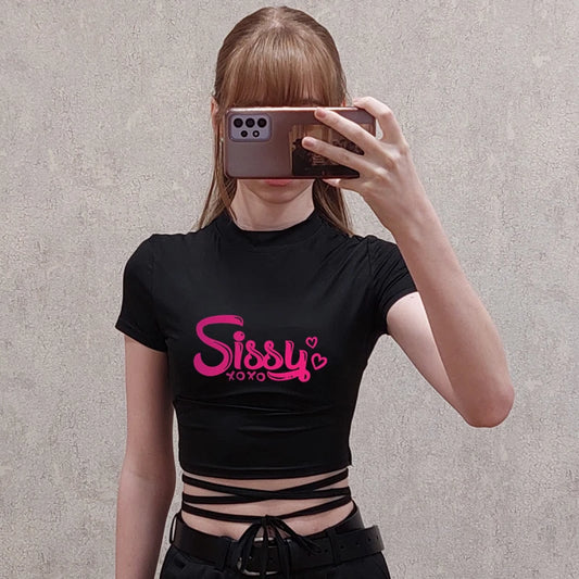 SISSY Sexy TShirt Women Black Short Crop Bandage Tee Tops Summer Fashion Girls Casual Short Sleeve Female Shirt Harajuku