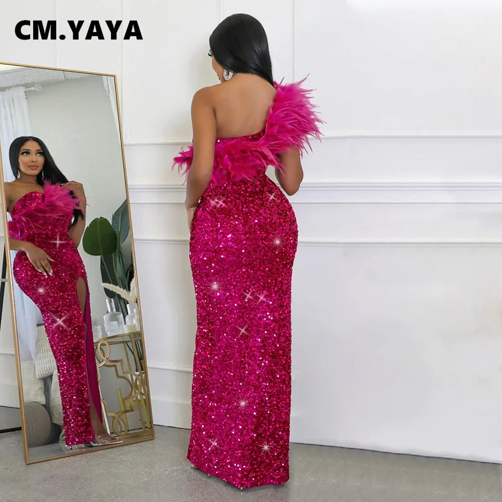 CM.YAYA Women Sequined Feather One Shoulder High Side Split Bodycon Midi Maxi Dress Sexy Club Even Party Long Dresses Vestidos