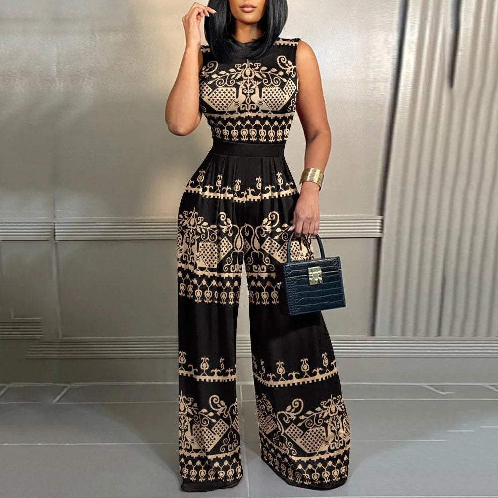 2023 Summer Set Outifits Geometric Print Jumpsuits Women Sleeveless Wide Leg Jumpsuit Fashion Casual Slim Women Elegant Overalls