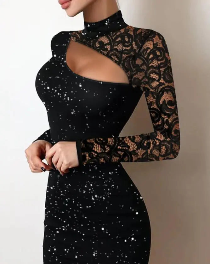 Evening Dresses for Women 2022 New Elegant Sexy Party Wedding Guest Glitter Contrast Lace Cutout Long Sleeve Bodycon Mini Dress