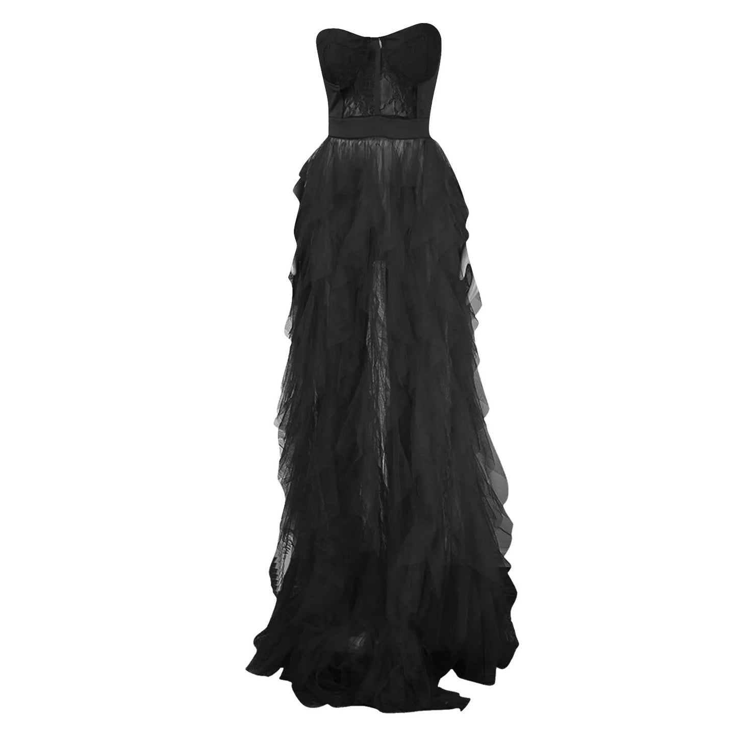 Women Elegant Party Dresses See Through Lace Mesh Corset Maxi Dress Strapless Hollow Tulle Black Red Dress Luxury Evening Gown