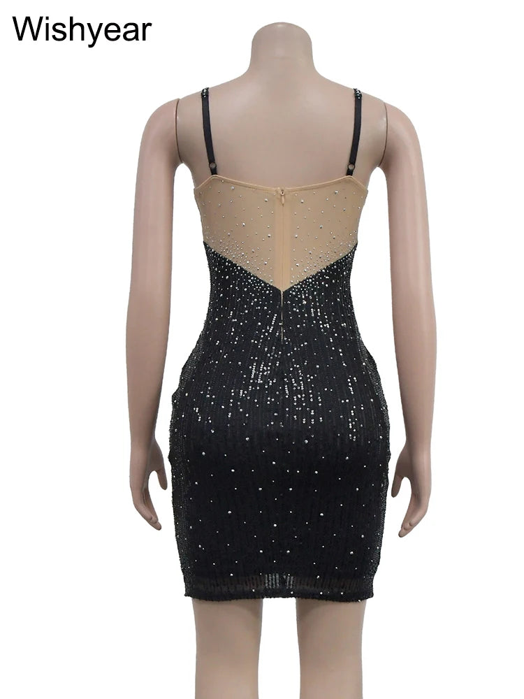 Wishyear Luxury Sparkly Sequin Rhinestone Mesh Mini Dress Women Nightclub Bodycon Short Party Glitter Birthday Christmas Robe