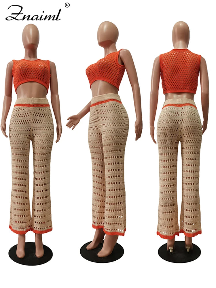 Znaiml Summer Crochet Hollow Out Beach Wear Crop Top and Wide Leg Pants Co Ord Set for Woman Two Piece Sets Sexy Club Outfits