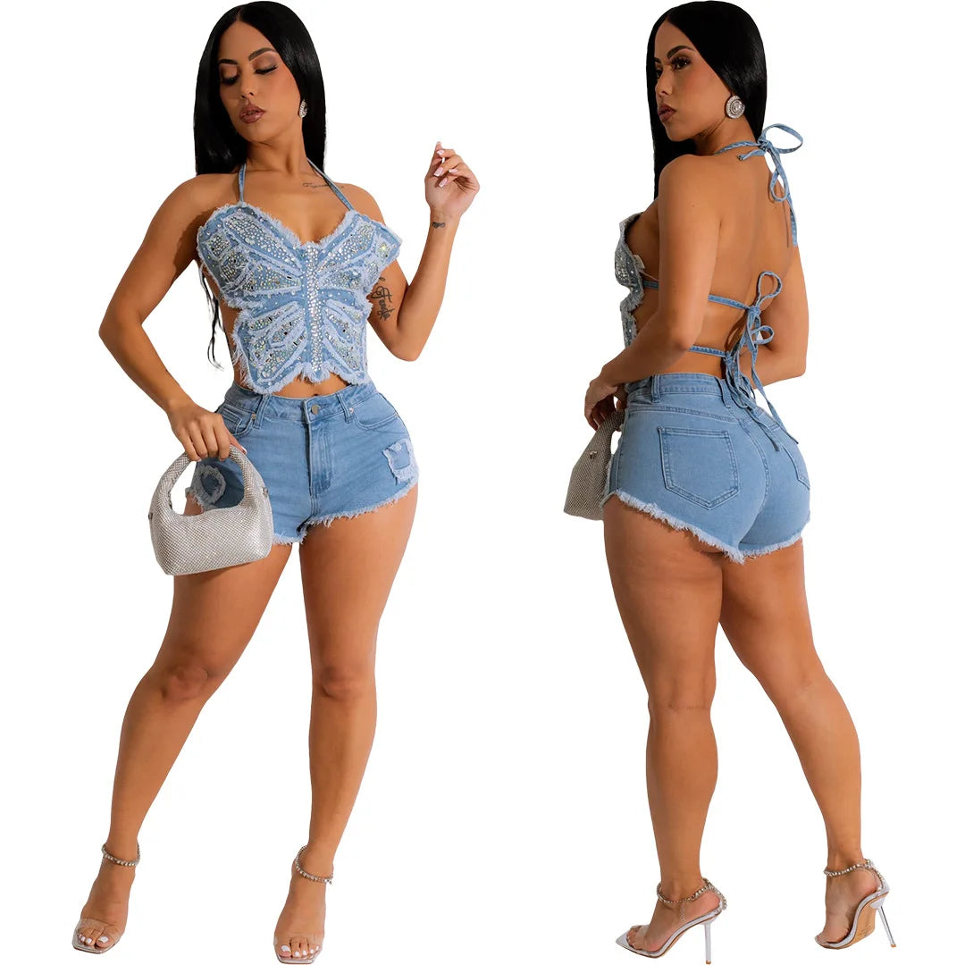 Casual Women Tracksuit Denim irregular Two Piece Set Halter Shirt + Short Pants Streetwear Clothes For Women Outfit