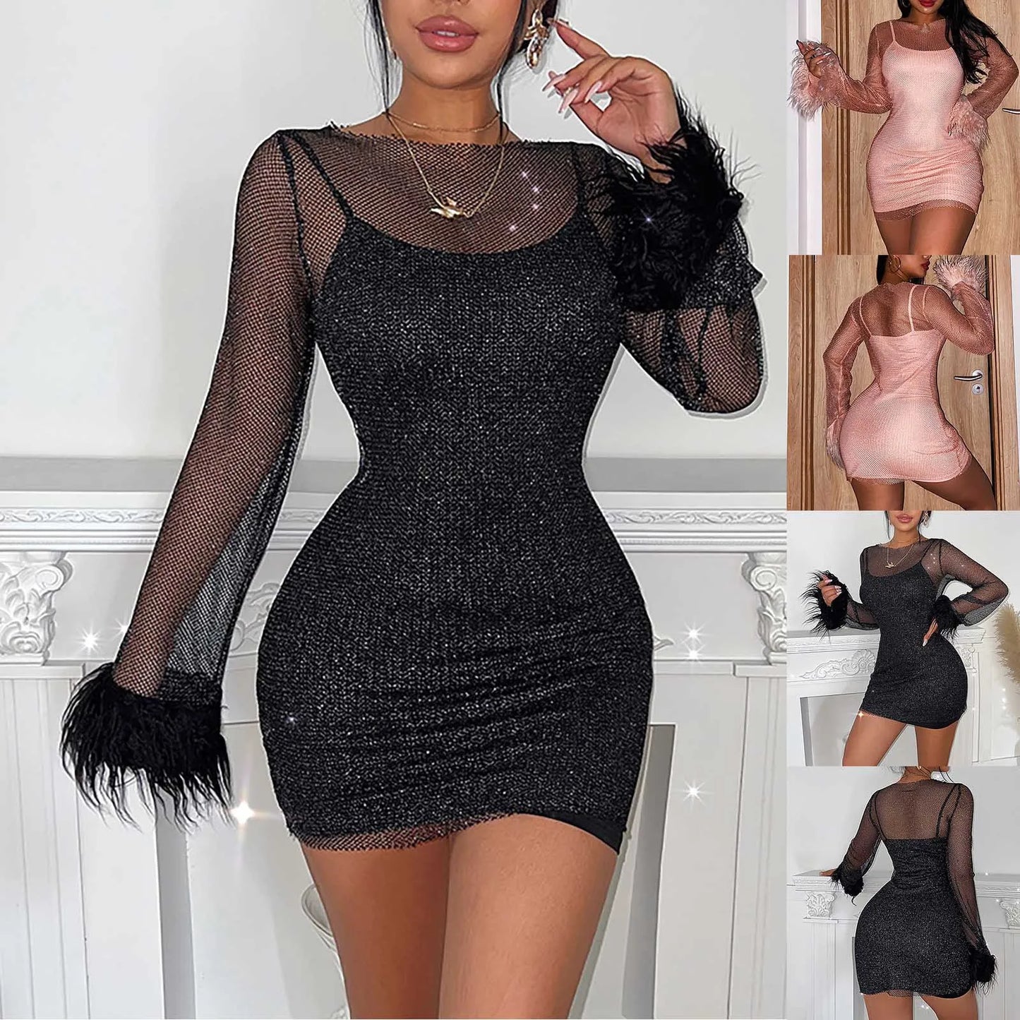 Sexy Mesh Hollow Out Feather Prom Mini Dresses See Through Night Club Outfits Party Sexy Clubwear Short Dress