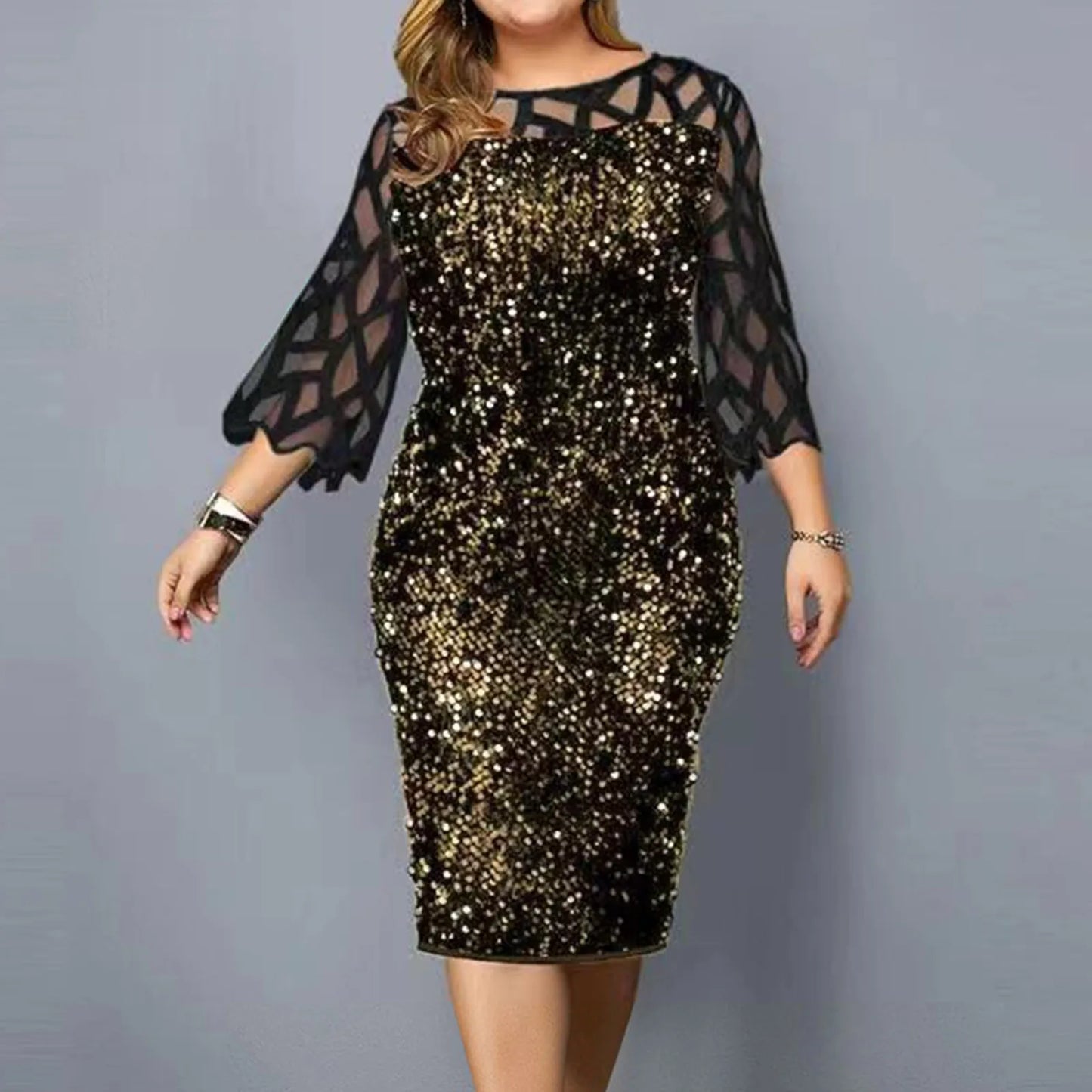 Mesh 3/4 Sleeve Sequined Cocktail Dress Slim Party Glitter Lace Dresses Temperament Casual Evening Dress Leisure Beach Vestidos